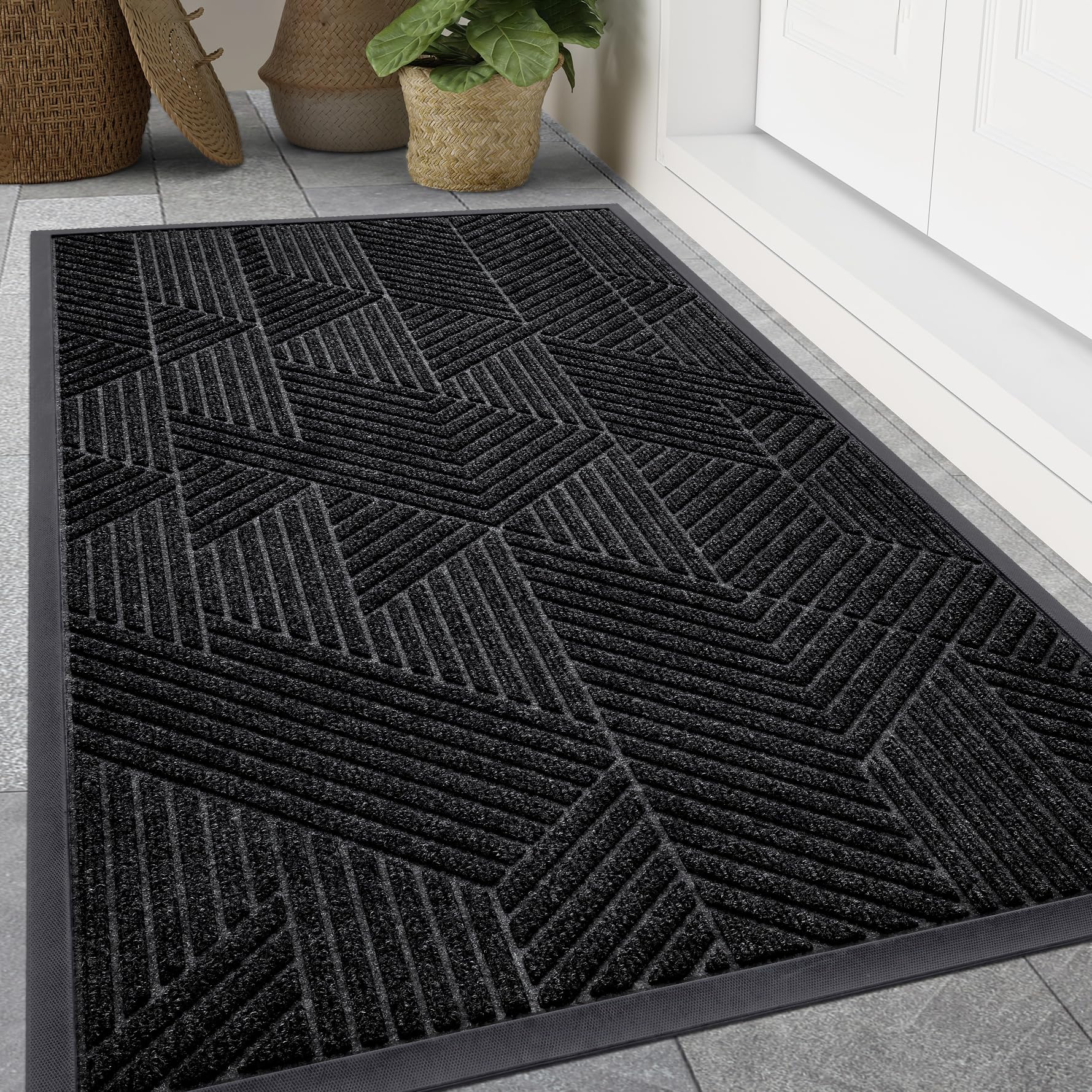 Smiry Front Door Mat Outside Entrance, Heavy Duty Sturdy Natural Rubber Doormat, Trap Dirt And Moisture, Easy Clean Low Profile Welcome Floor Mats For Indoor Outdoor Entry, 47X24 Inch, Black